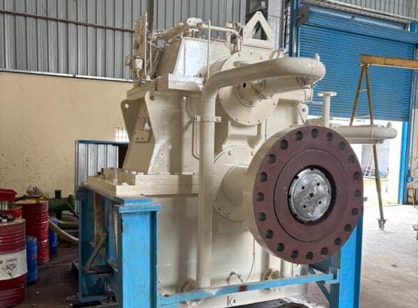 A 5,000 kW hydroelectric gearbox, assembled, output coupling flange forward