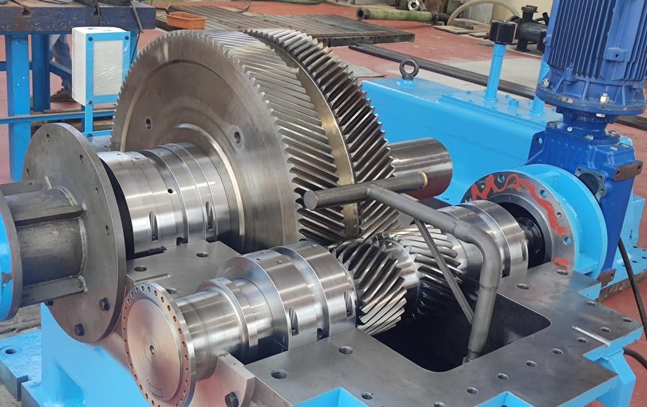 A 20 MW turbine gearbox with the casing open on the bull gear and pinion