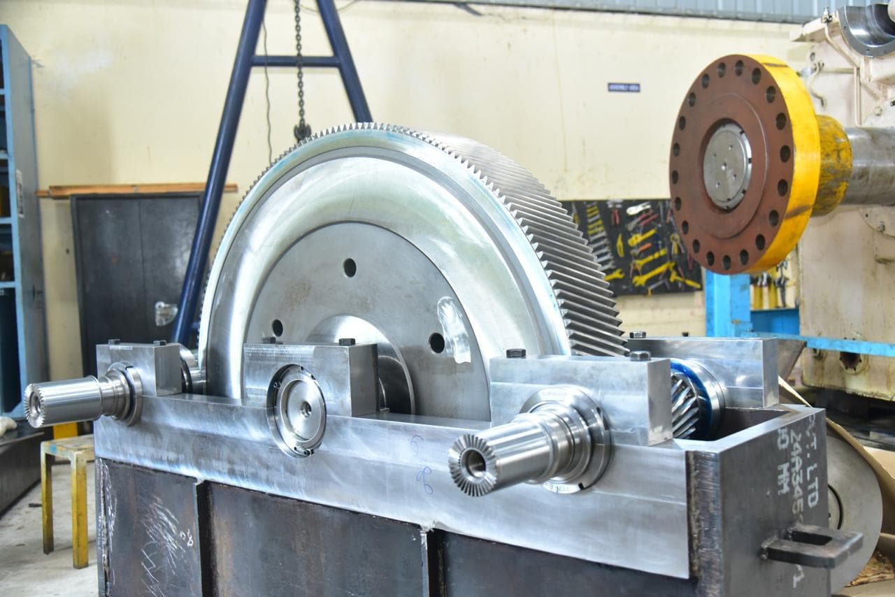 Double-helical gear teeth after cutting, on the shop floor