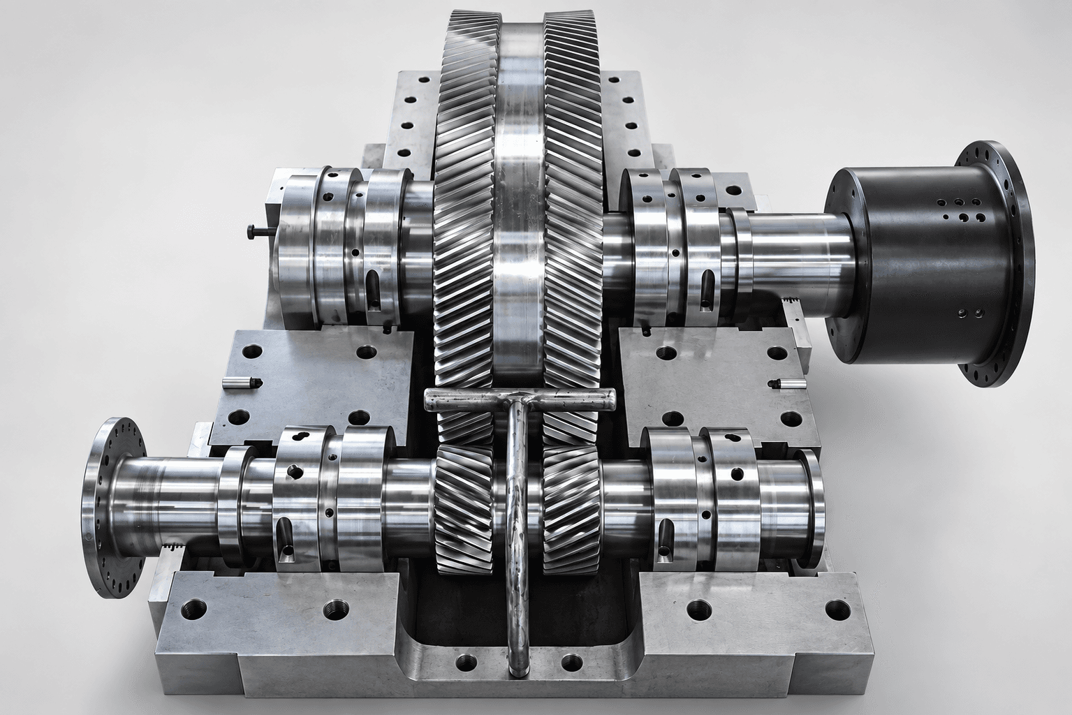 Studio photograph of a double-helical gearbox gear train and shafts