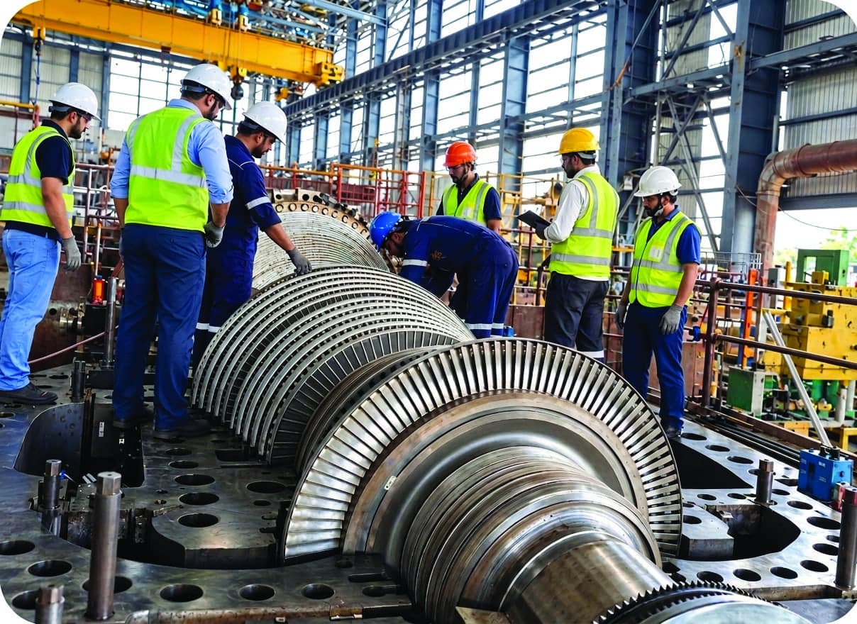Field engineers carrying out work on a steam turbine rotor