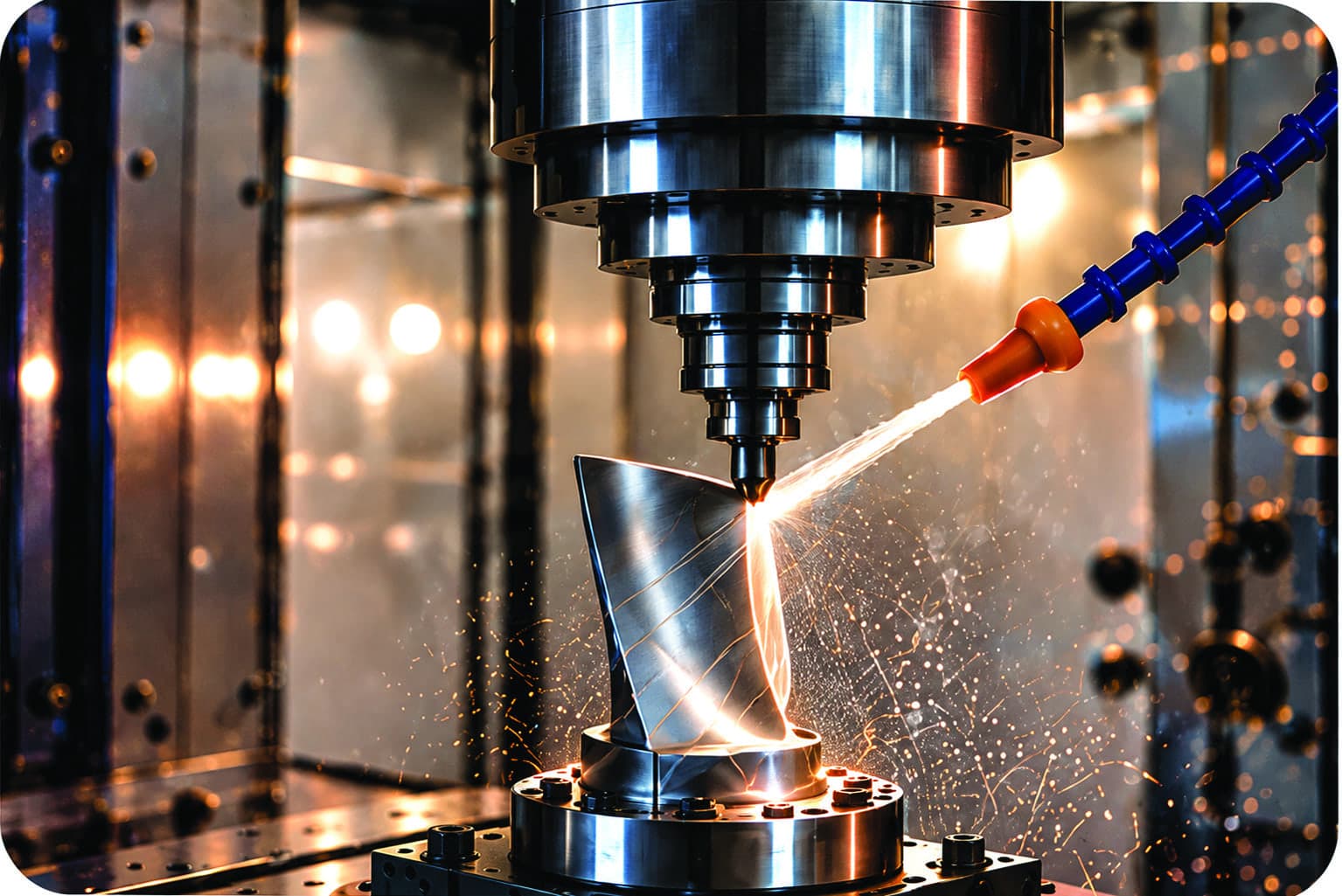 A turbine blade undergoing precision machining