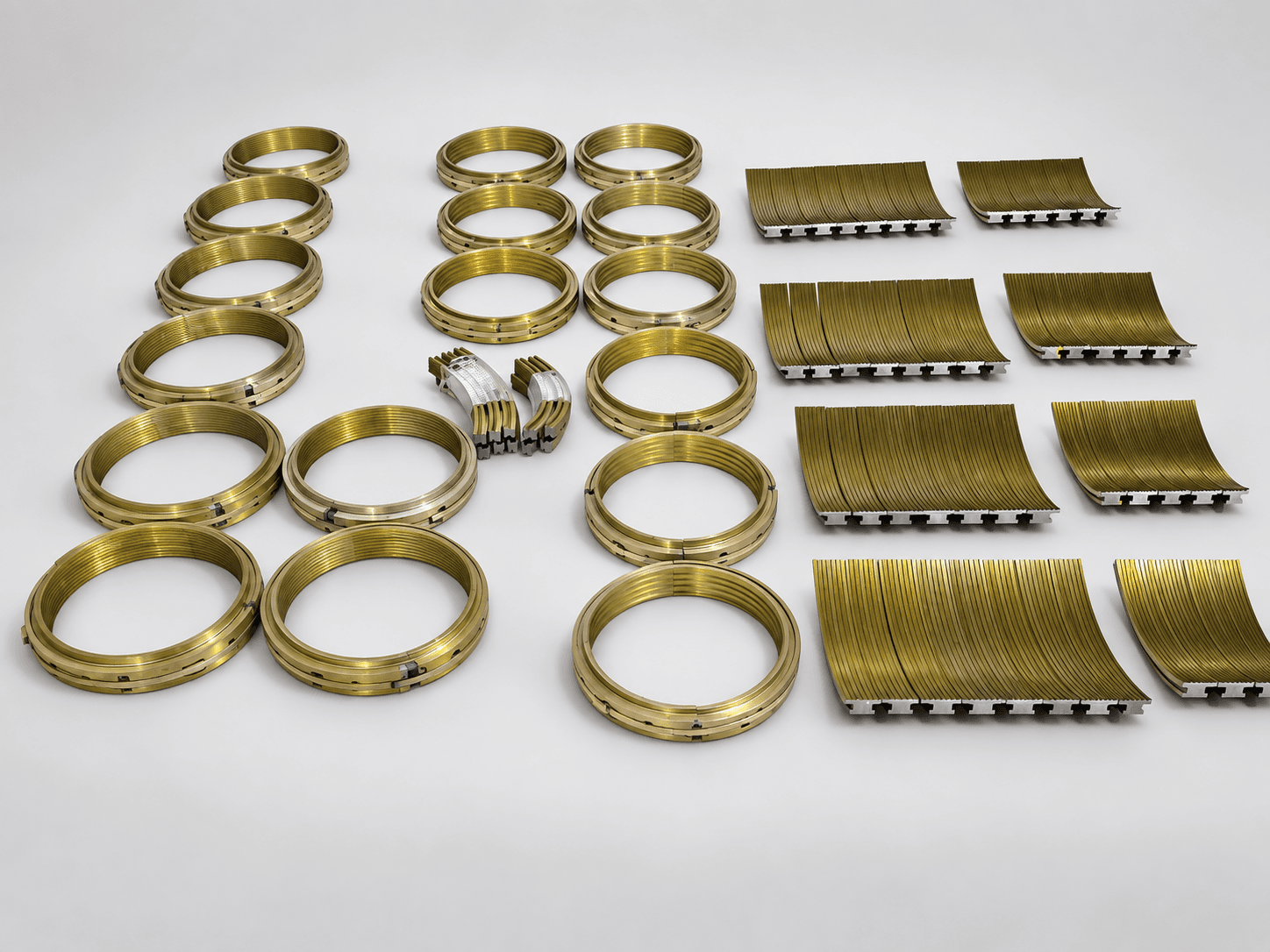 Studio photograph of gland packing rings and segmented steam turbine seals