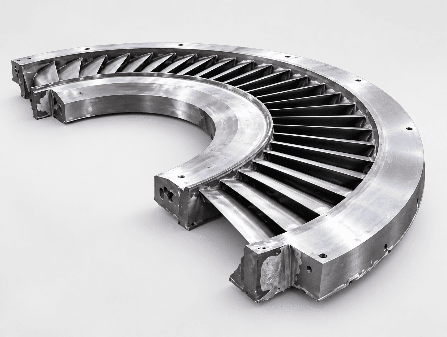 Studio photograph of manufactured turbine diaphragm halves