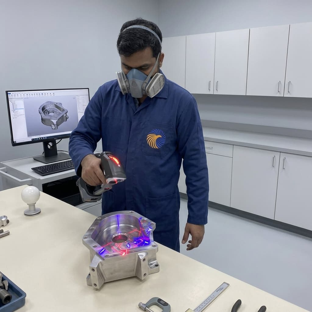 Component geometry being captured by 3D laser scanning for reverse engineering