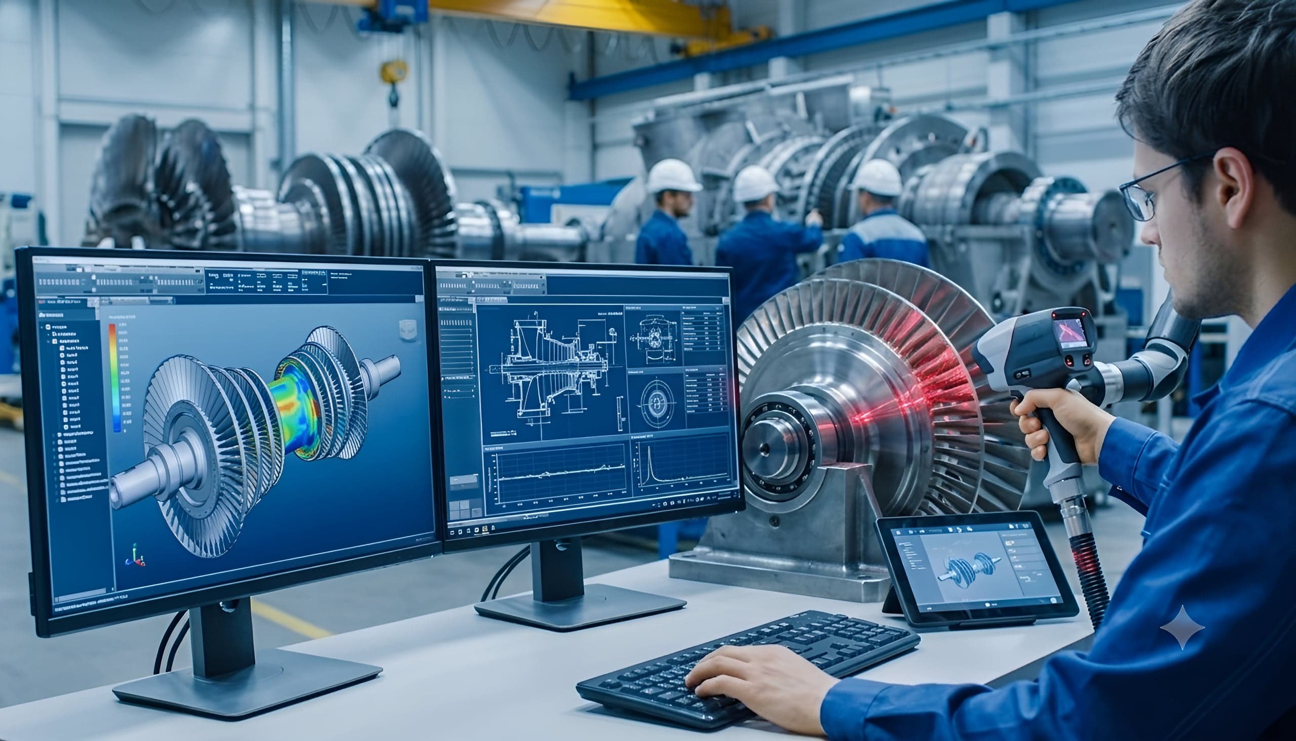 An engineer scanning a turbine rotor, with the scan and the drawing on screen beside it