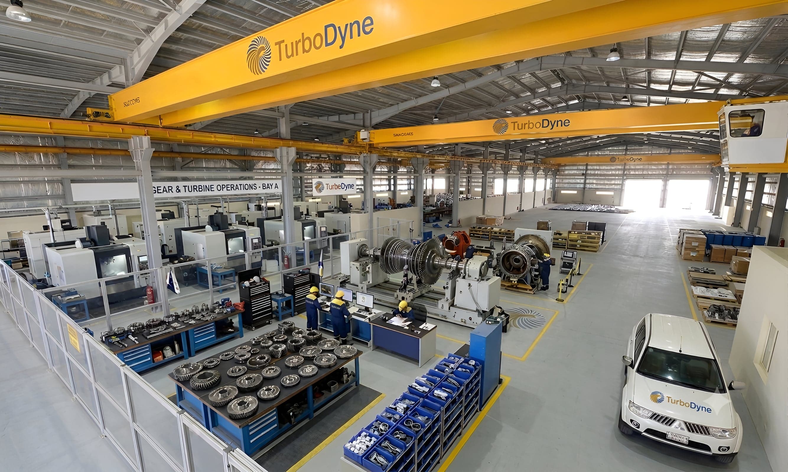 The workshop floor, with a turbine rotor on the balancing bay